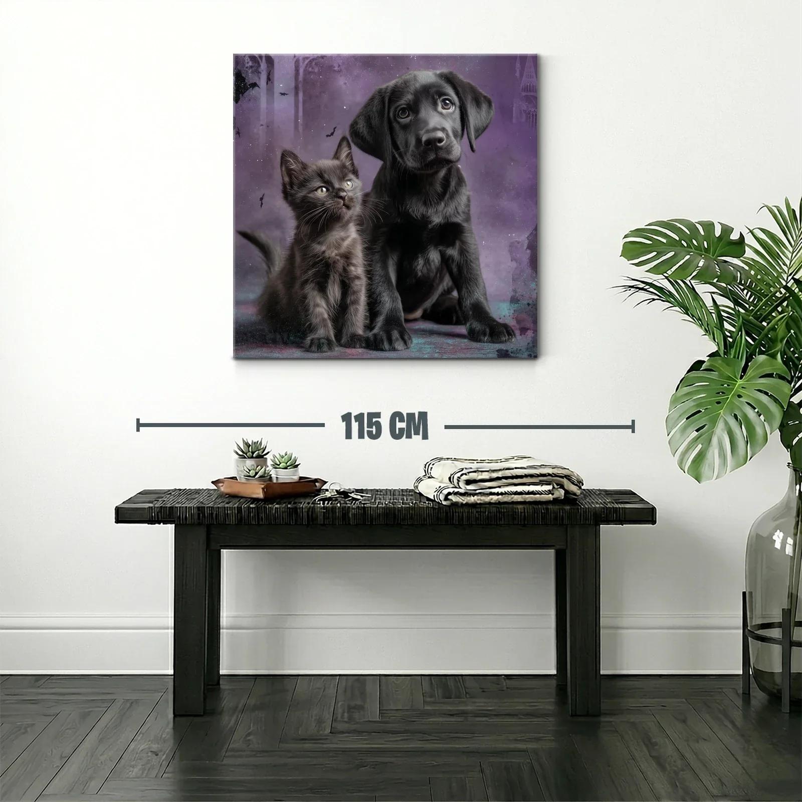 Tierno cuadro de cachorro y gatito sobre fondo violeta — miniatura 2