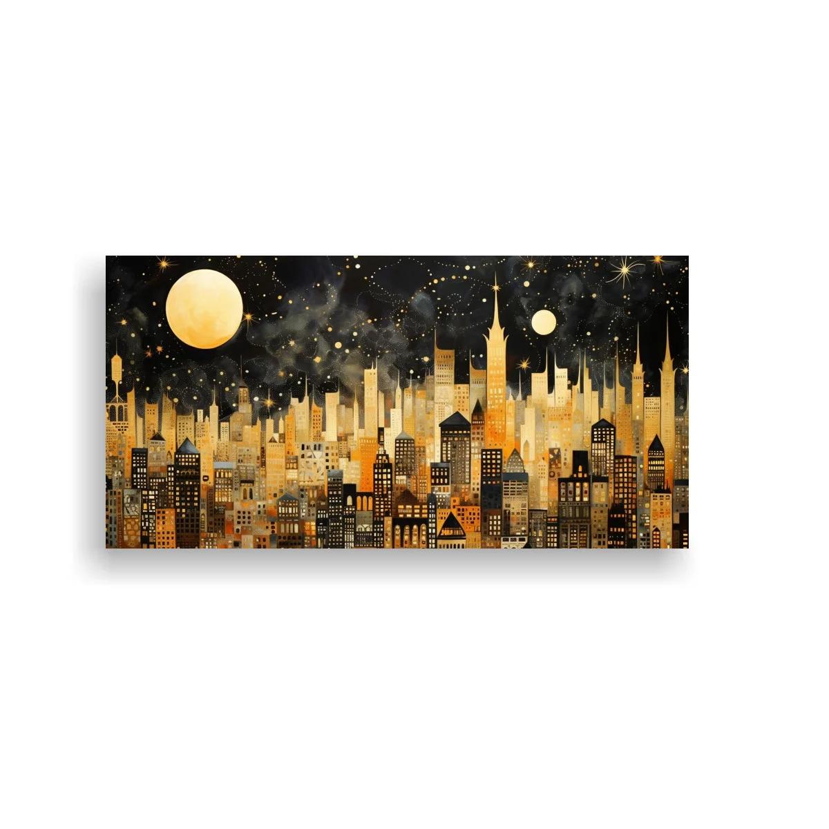 Cuadro skyline urbano nocturno con luna dorada