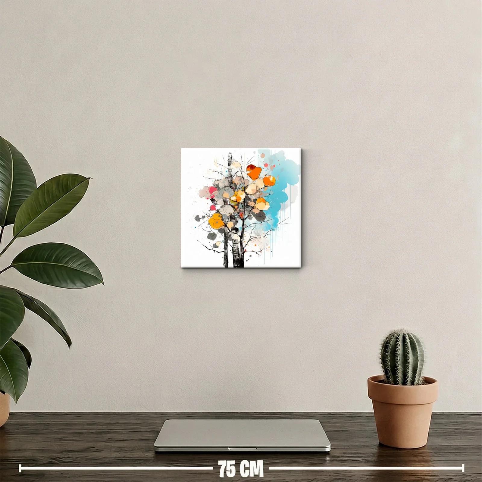 Cuadro decorativo con árboles y pinceladas en tonos cálidos y azul — miniatura 2