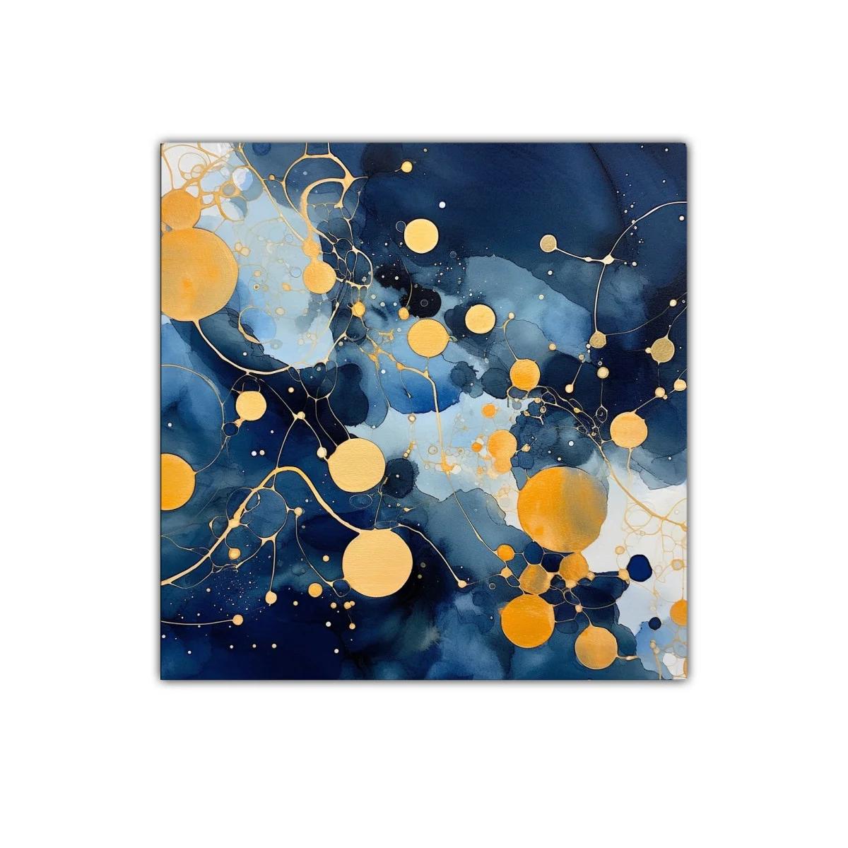 Cuadro abstracto con círculos dorados sobre fondo azul marino