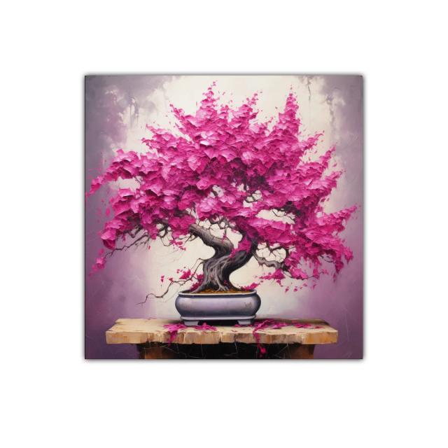 Cuadro decorativo con bonsái de hojas fucsias vibrantes