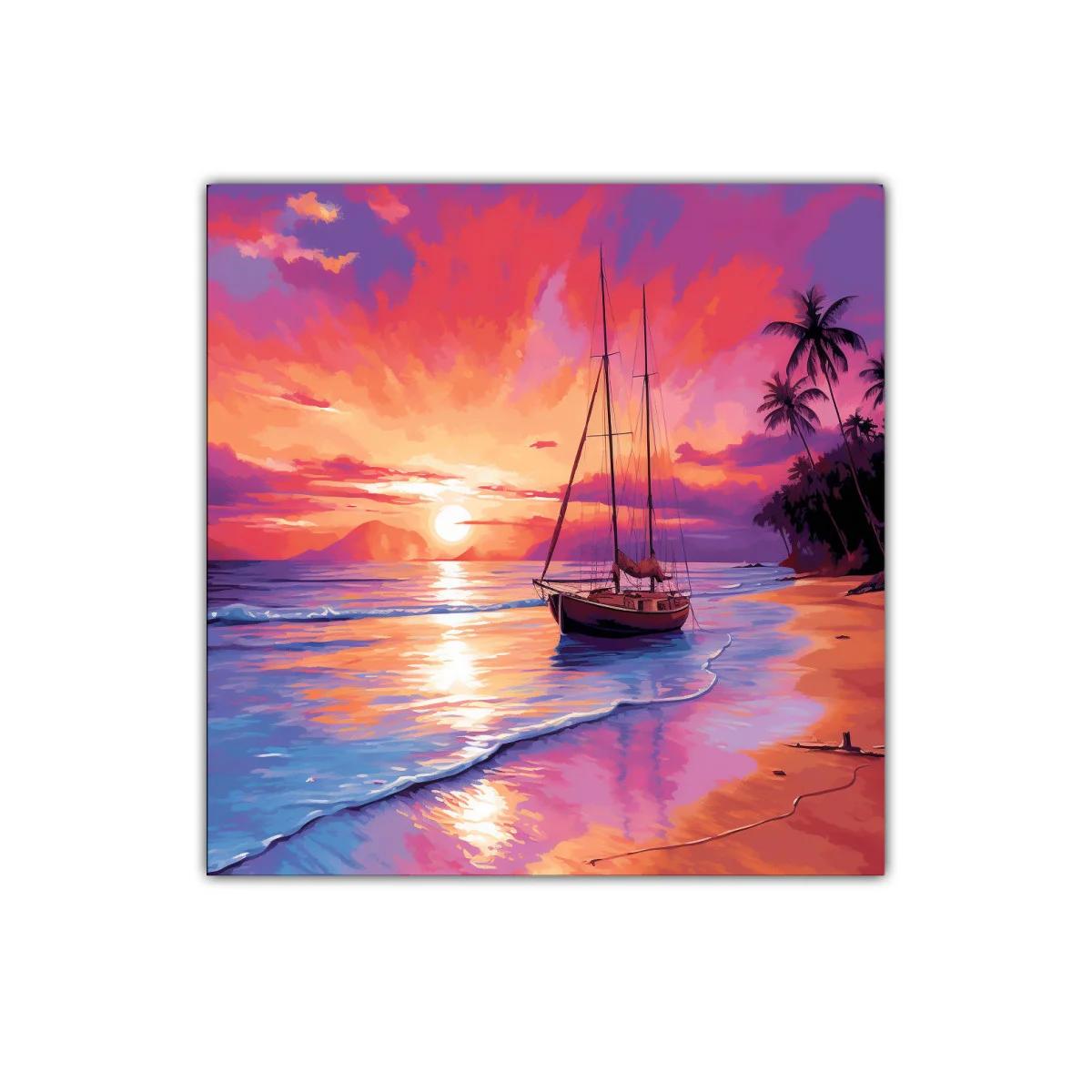 Atardecer vibrante con velero y palmeras en la playa