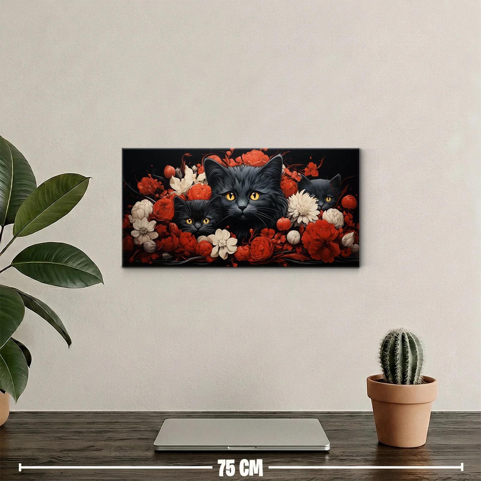 Cuadro tres gatos negros entre flores rojas y blancas — miniatura 2