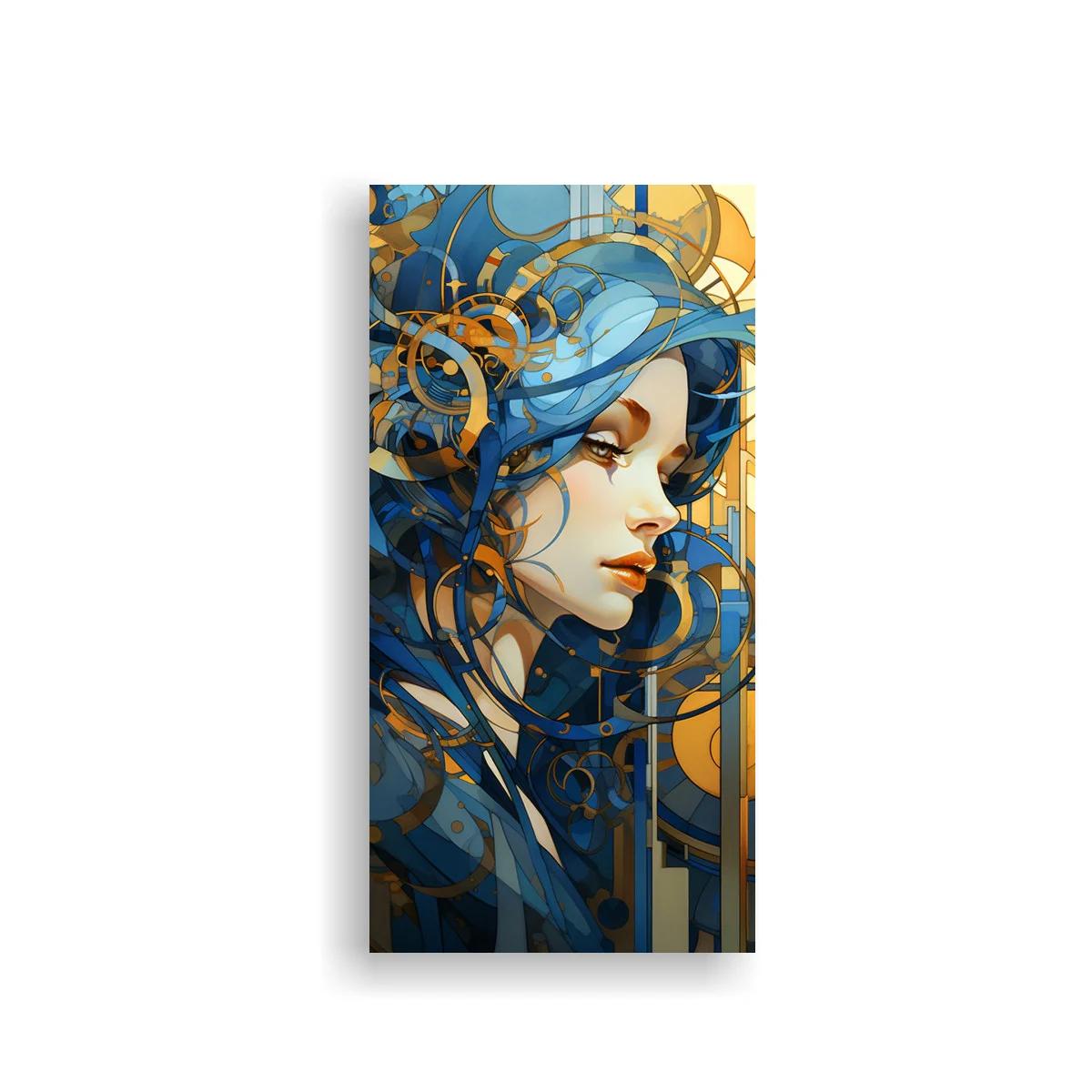 Cuadro rostro de mujer con cabello azul y anillos dorados