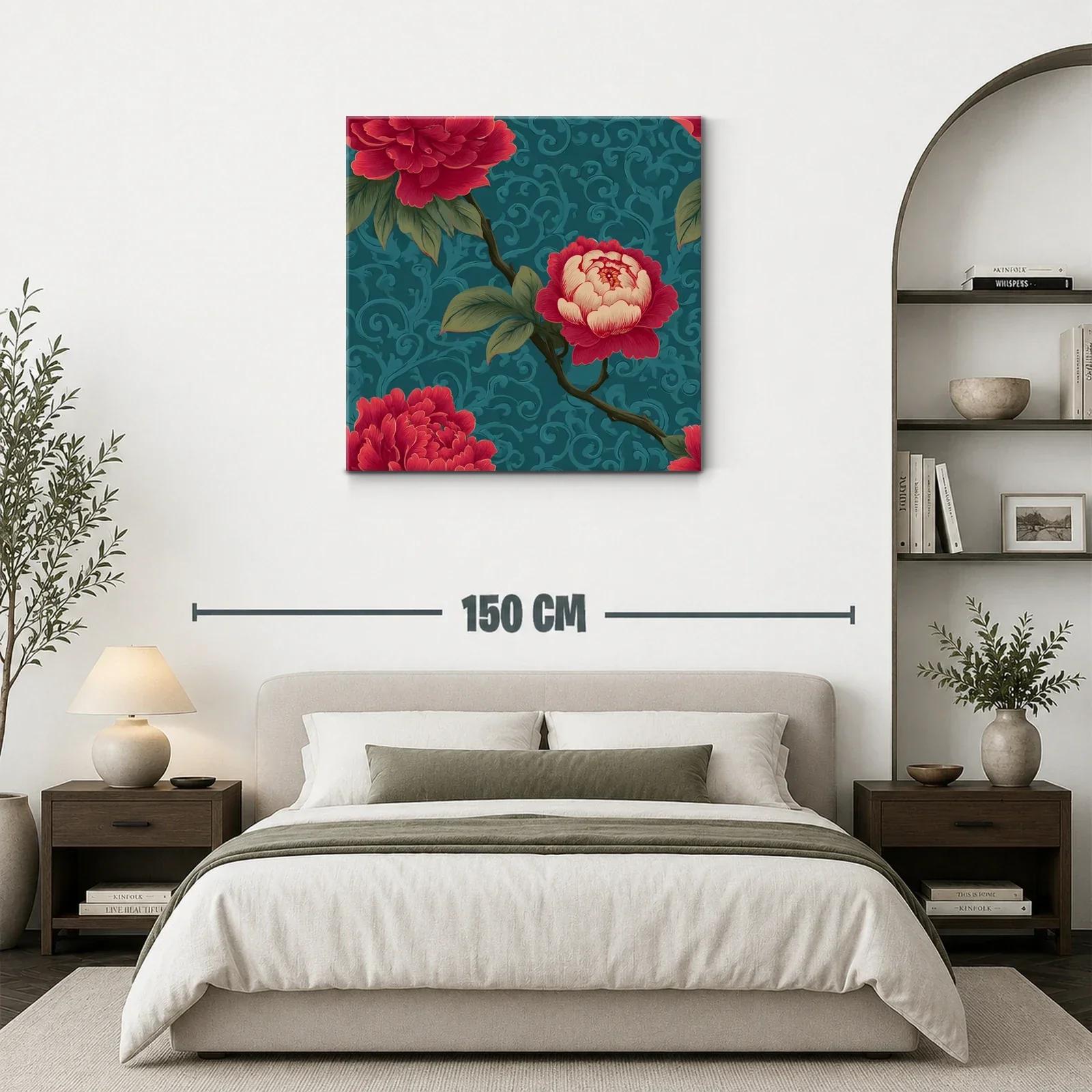 Cuadro floral con rosas rojas sobre fondo azul texturizado — miniatura 3