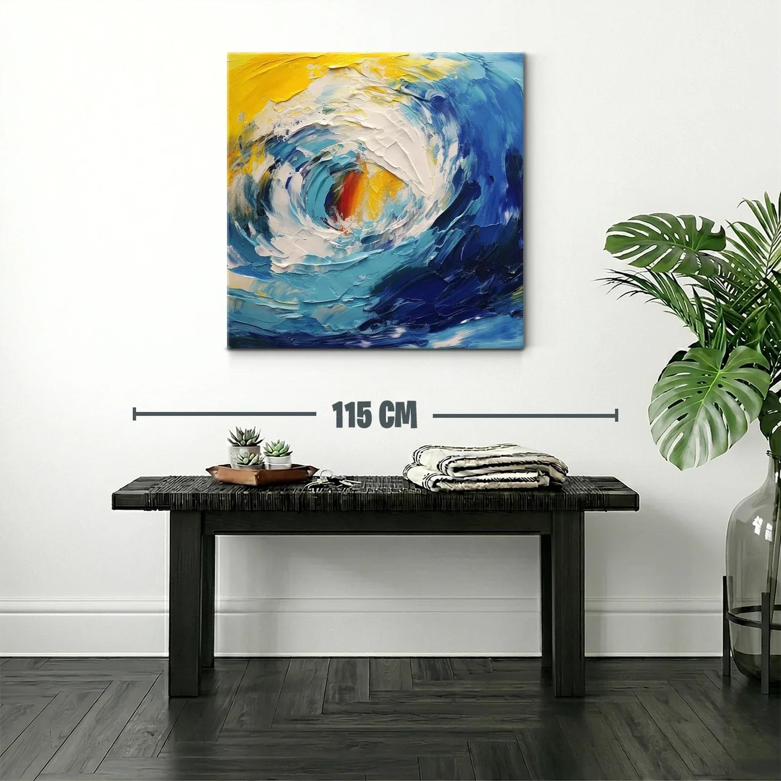 Cuadro abstracto de oleaje dinámico en tonos azul y amarillo — miniatura 2