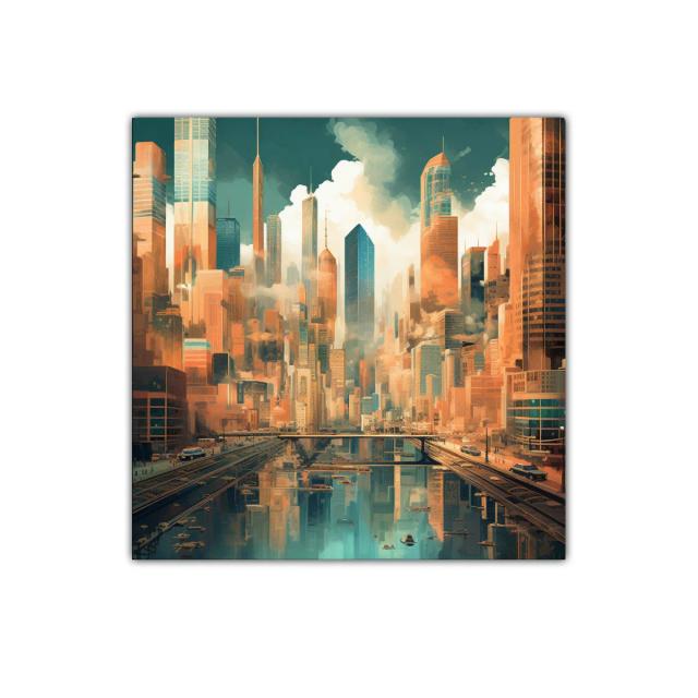 Paisaje urbano futurista con reflejos en el agua