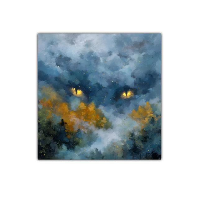 Cuadro de paisaje onírico con ojos dorados entre las nubes