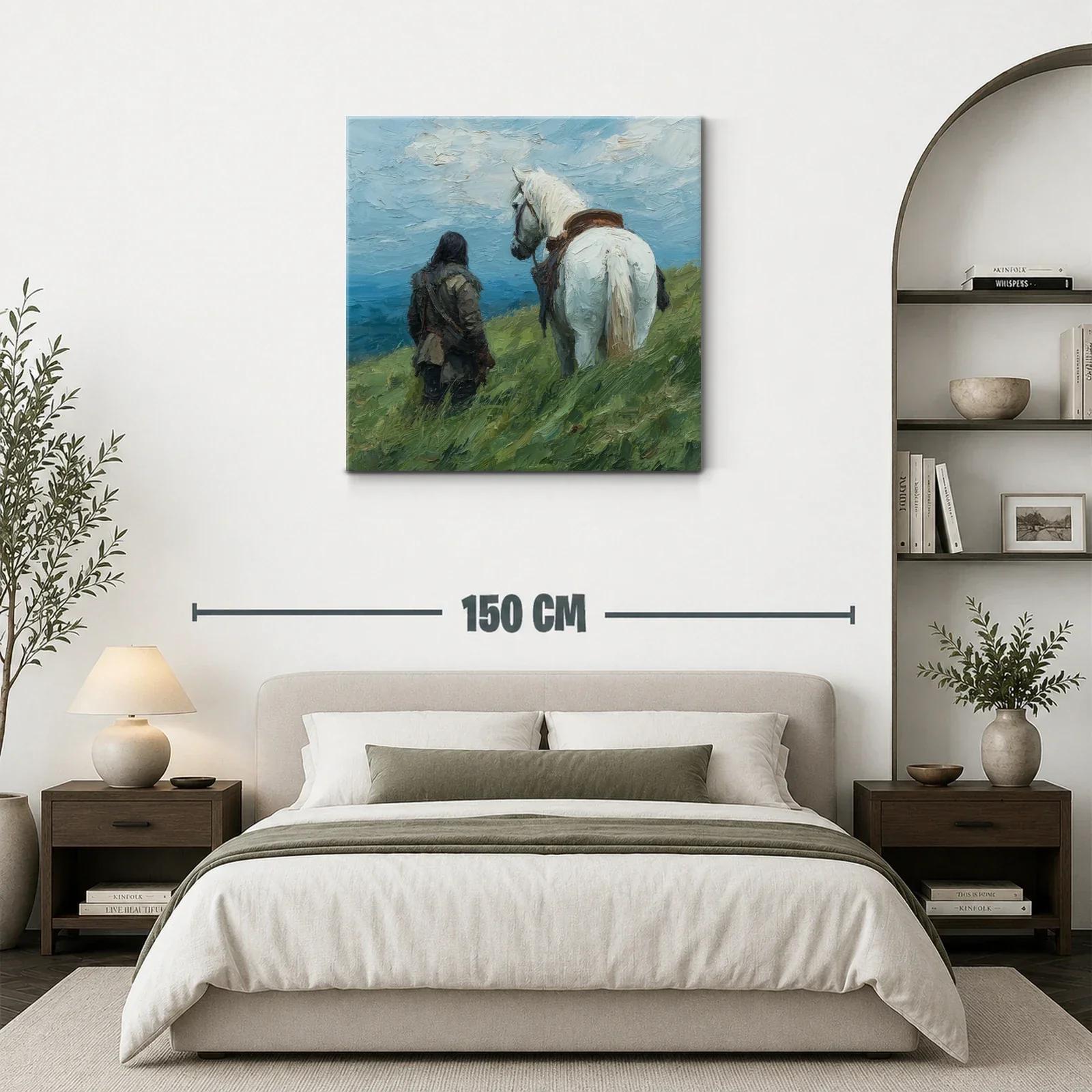Escena Campestre con Jinete y Caballo Blanco en Paisaje Abierto — miniatura 3