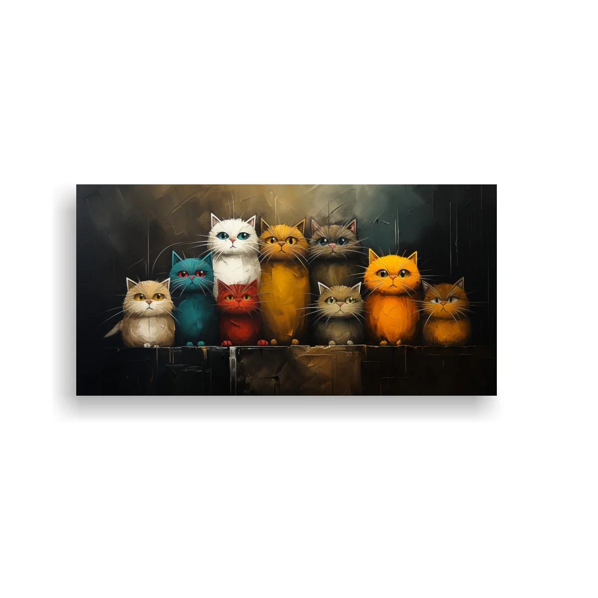 Cuadro grupo de gatos de colores sobre fondo oscuro