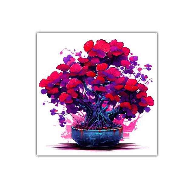 Cuadro vibrante de árbol floral en tonos rojos y púrpuras