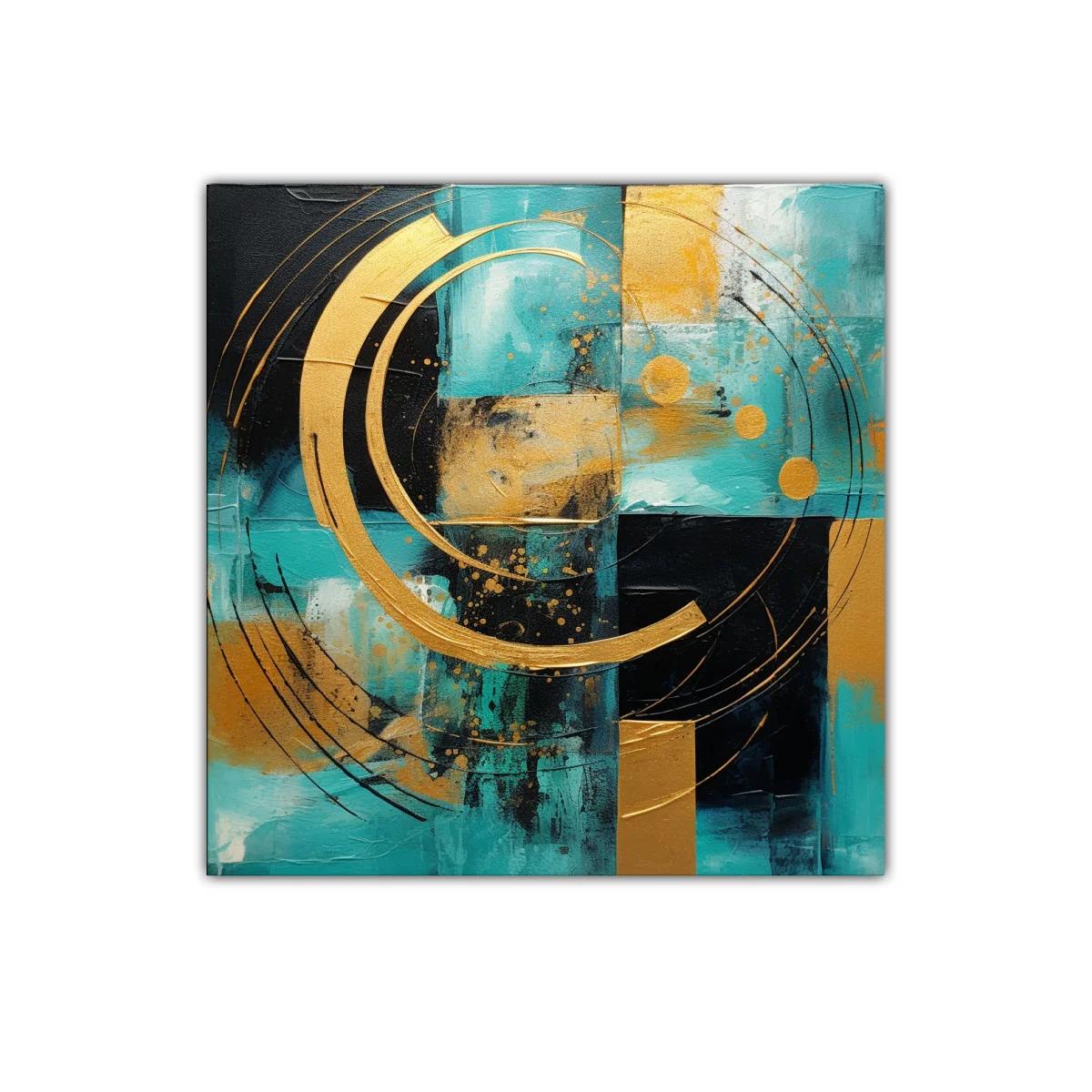 Cuadro abstracto con círculos dorados sobre fondo turquesa y negro — imagen principal