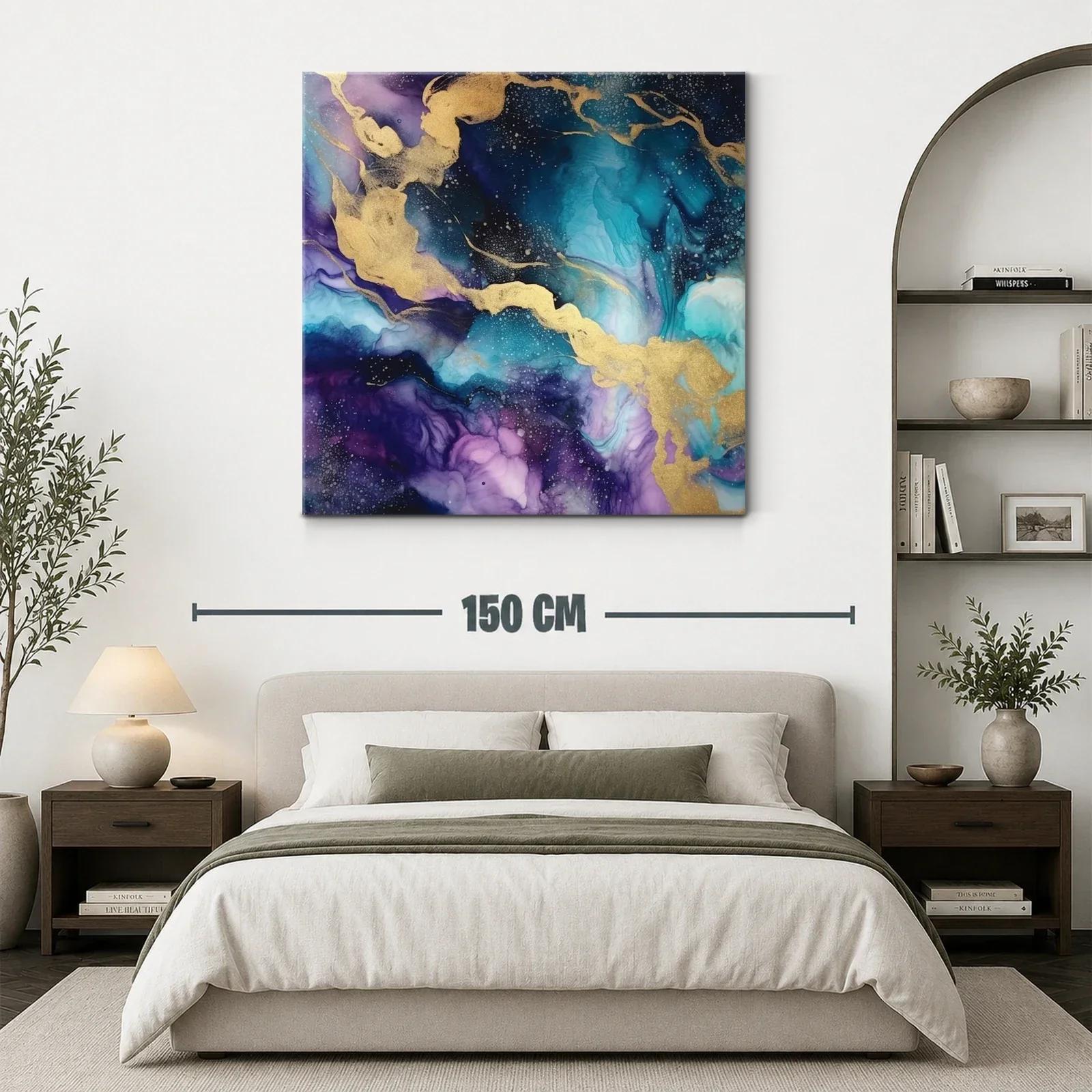 Cuadro abstracto con tonos azulados y dorados vibrantes — miniatura 3