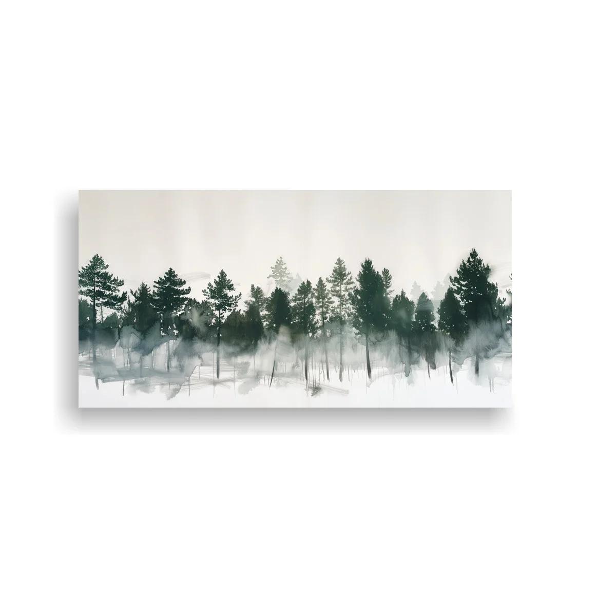 Cuadro bosque de pinos entre niebla panorámico