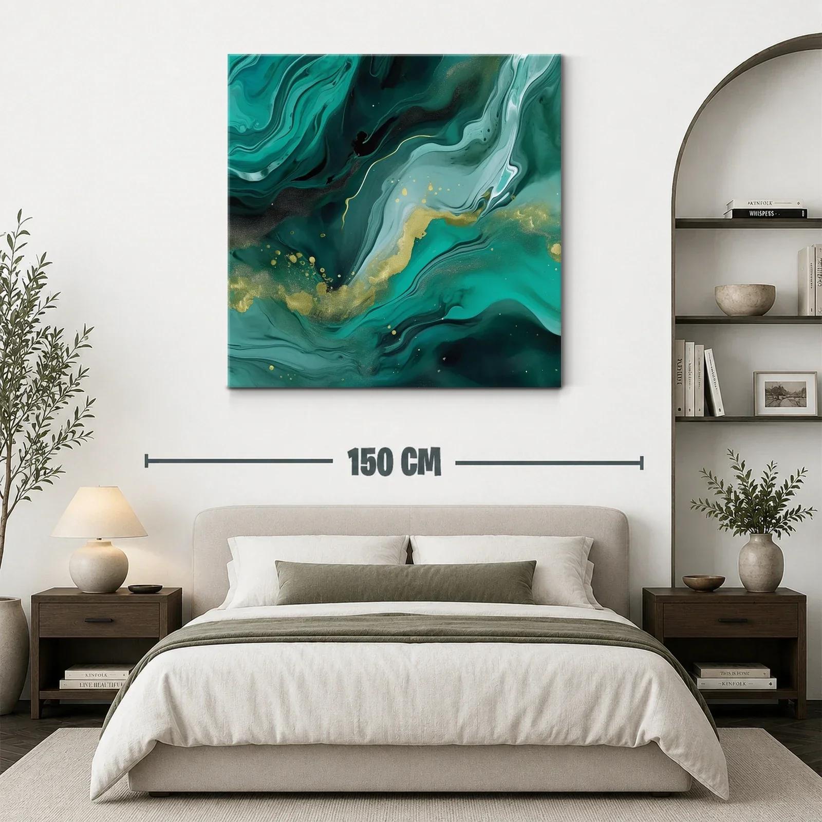 Cuadro abstracto en tonos verdes con detalles dorados — miniatura 3