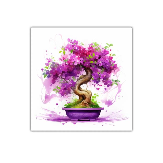 Bonsái en flor morada vibrante con ramas retorcidas