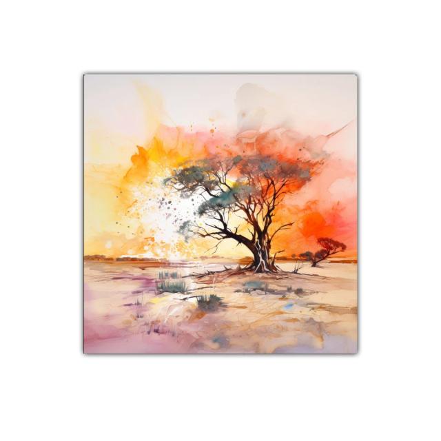 Paisaje de árbol solitario al atardecer en tonos cálidos