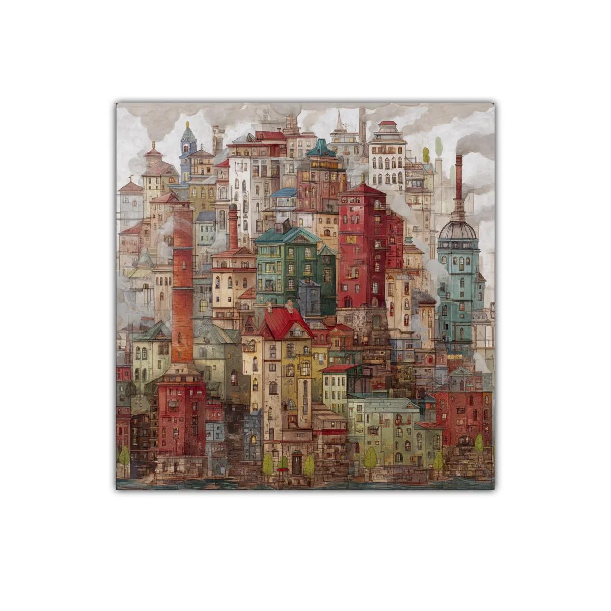 Ciudad onírica de casas densas y chimeneas humeantes — imagen principal