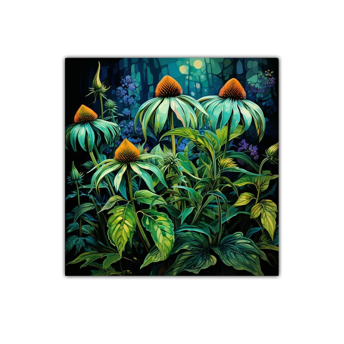 Cuadro decorativo con flores iluminadas en tonos verdes y naranjas — imagen principal