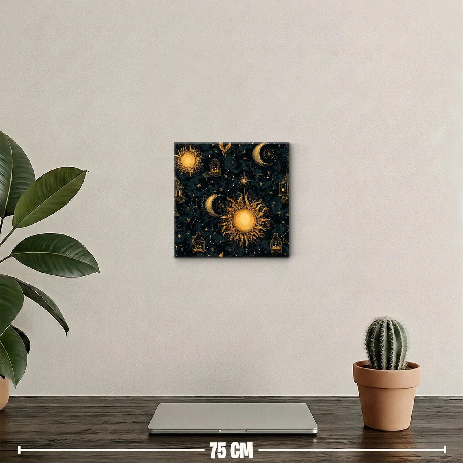 Cuadro celestial con sol y luna en tonos dorados y negros — miniatura 2