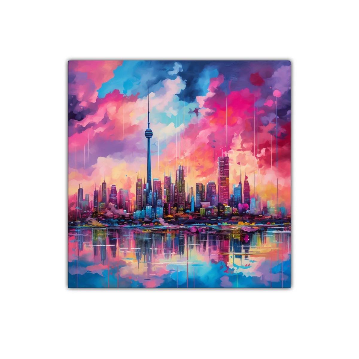 Atardecer vibrante sobre ciudad moderna y reflejos en agua