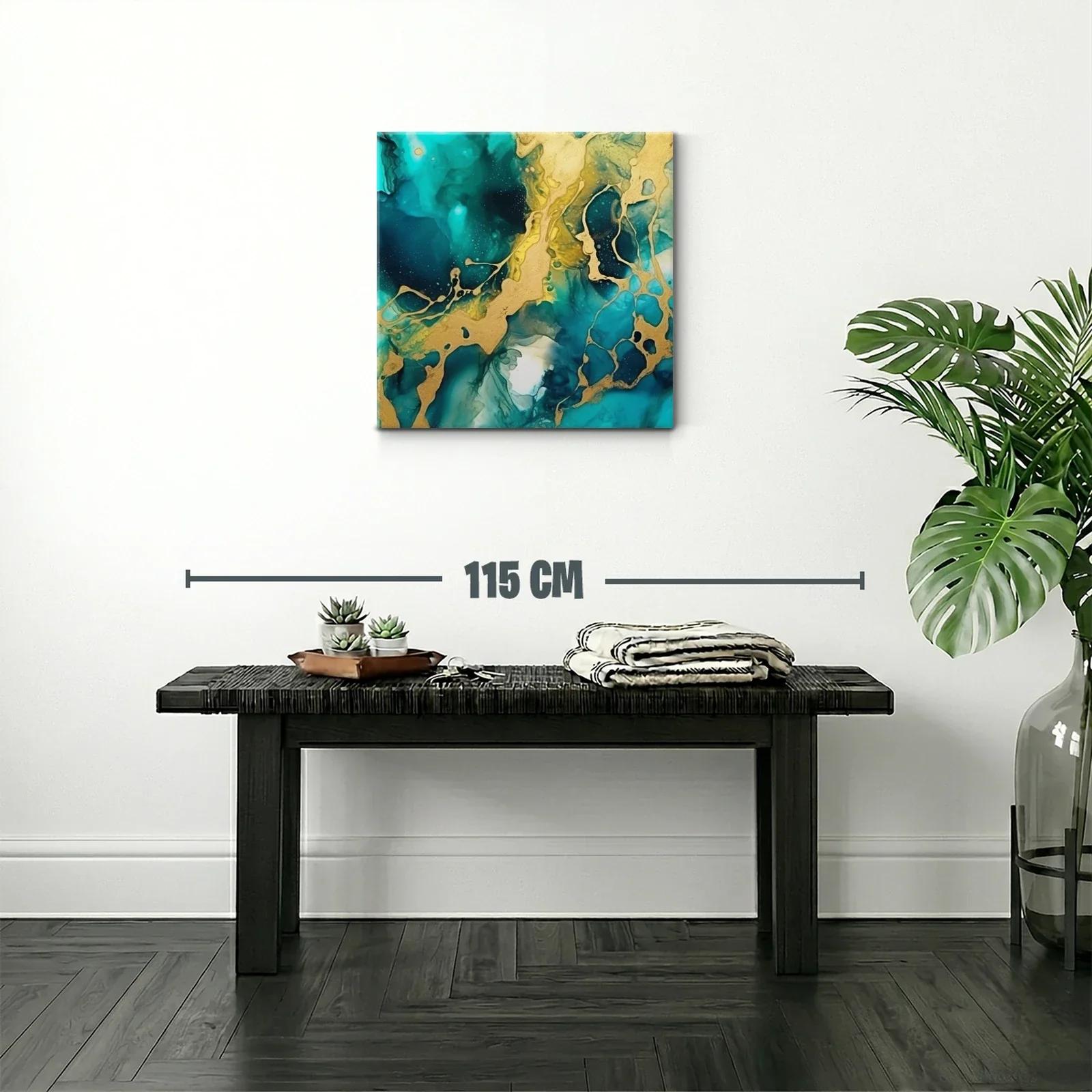 Cuadro abstracto con tonos turquesa y dorados vibrantes — miniatura 2