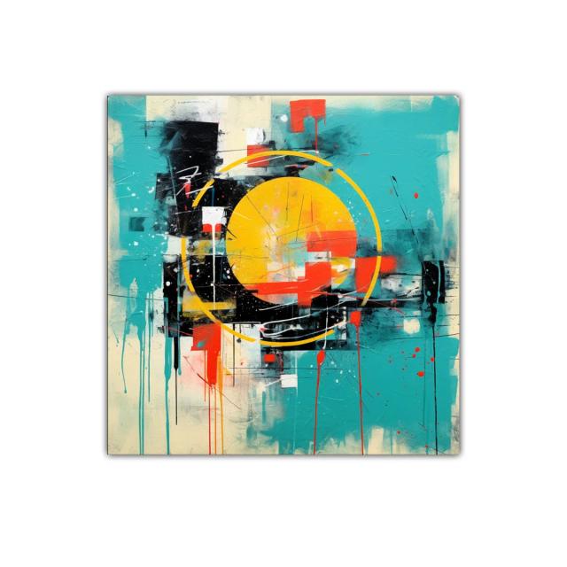 Cuadro abstracto colorido con círculo amarillo y trazo dinámico