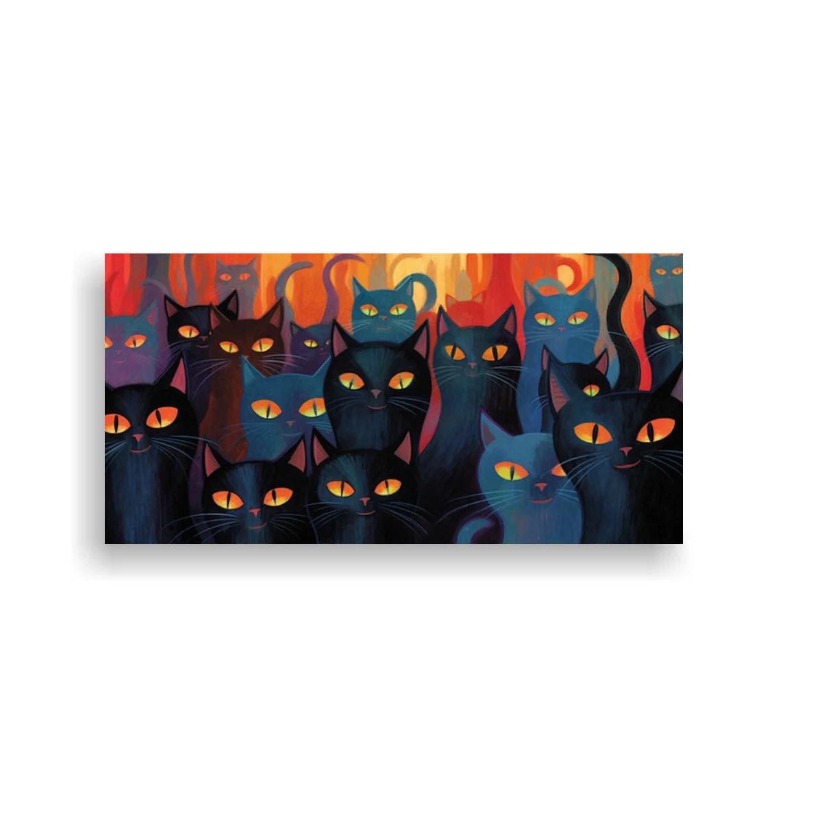 Cuadro gatos negros apiñados con fondo cálido rojizo