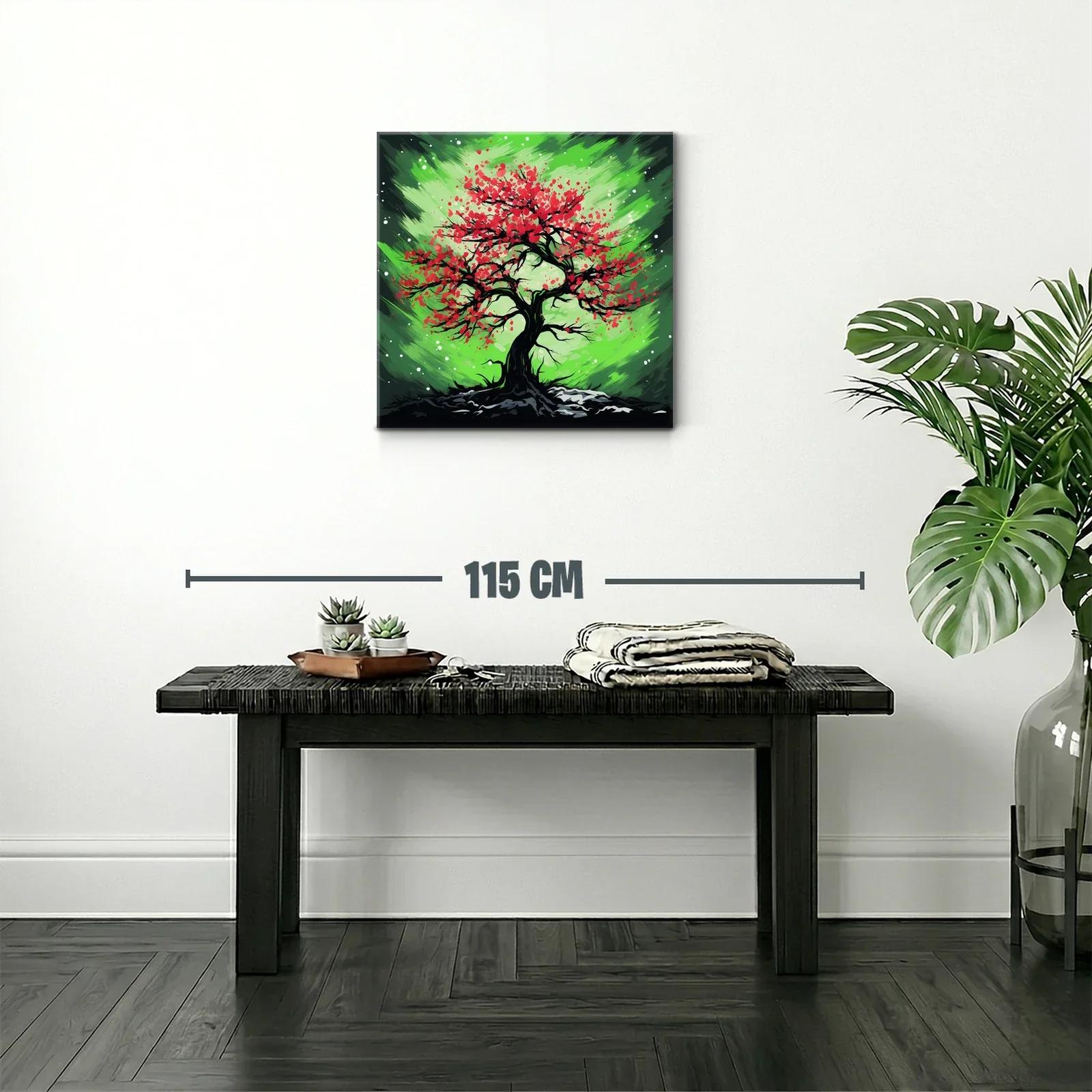 Árbol vibrante con flores rojas sobre fondo verde dinámico — miniatura 2
