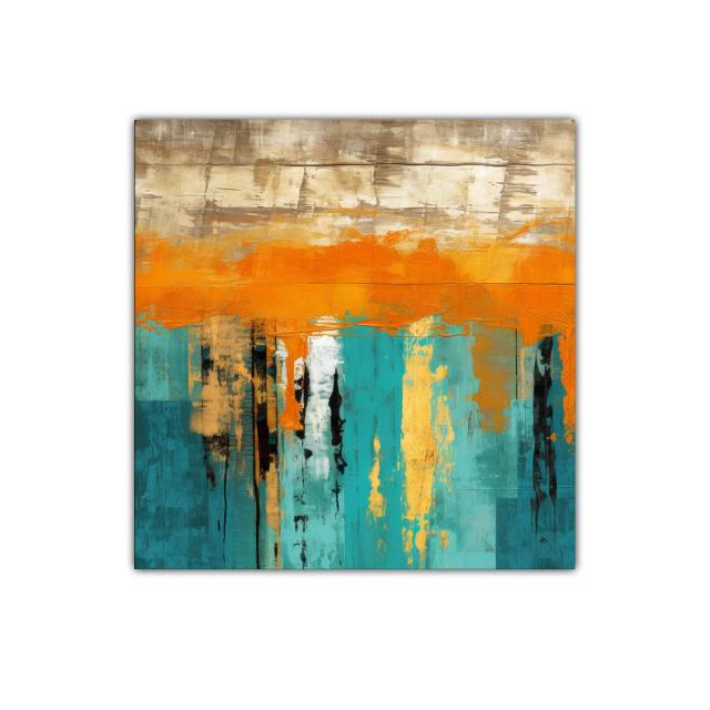 Cuadro abstracto con vibrantes tonos turquesa y naranja