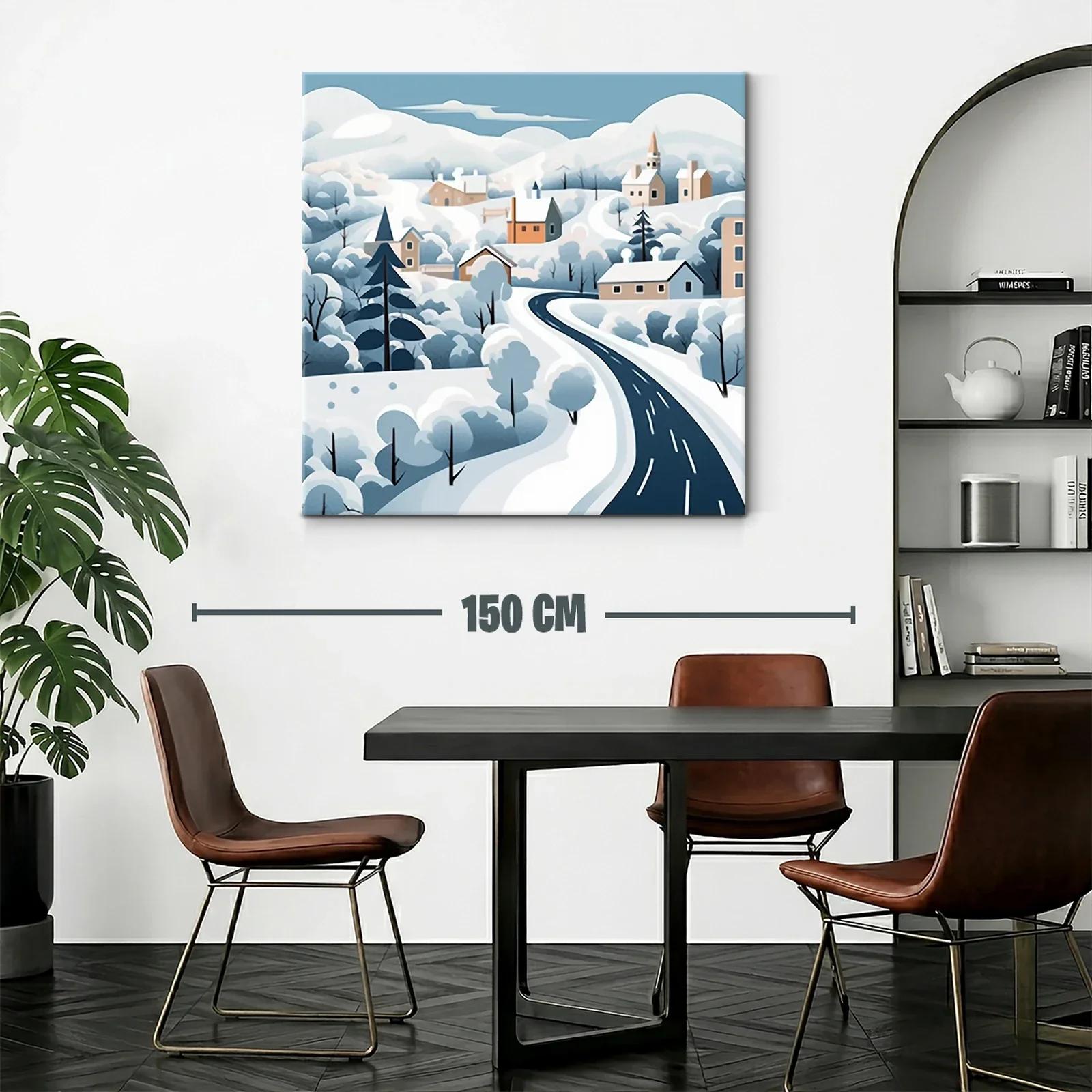 Paisaje invernal con carretera serpenteante y casas — miniatura 2