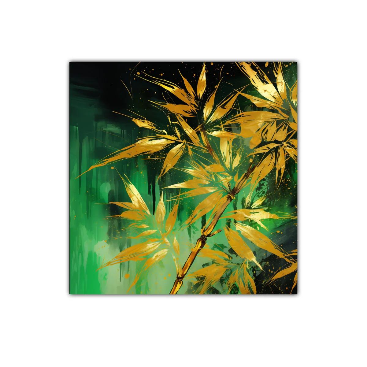 Cuadro decorativo con ramas doradas sobre fondo verde intenso — imagen principal