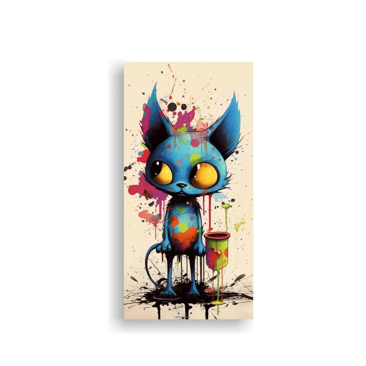 Cuadro gato azul con bote de pintura y salpicaduras
