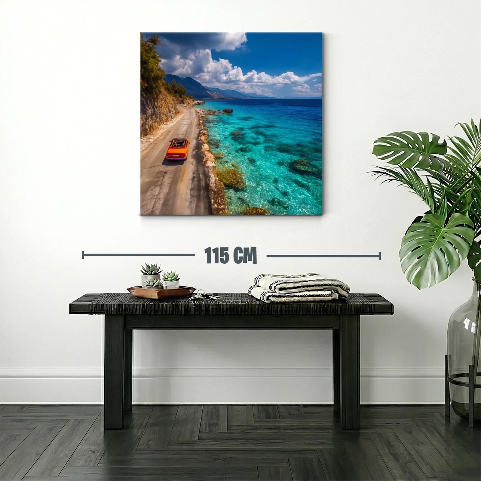 Paisaje costero con coche rojo y mar turquesa brillante — miniatura 2