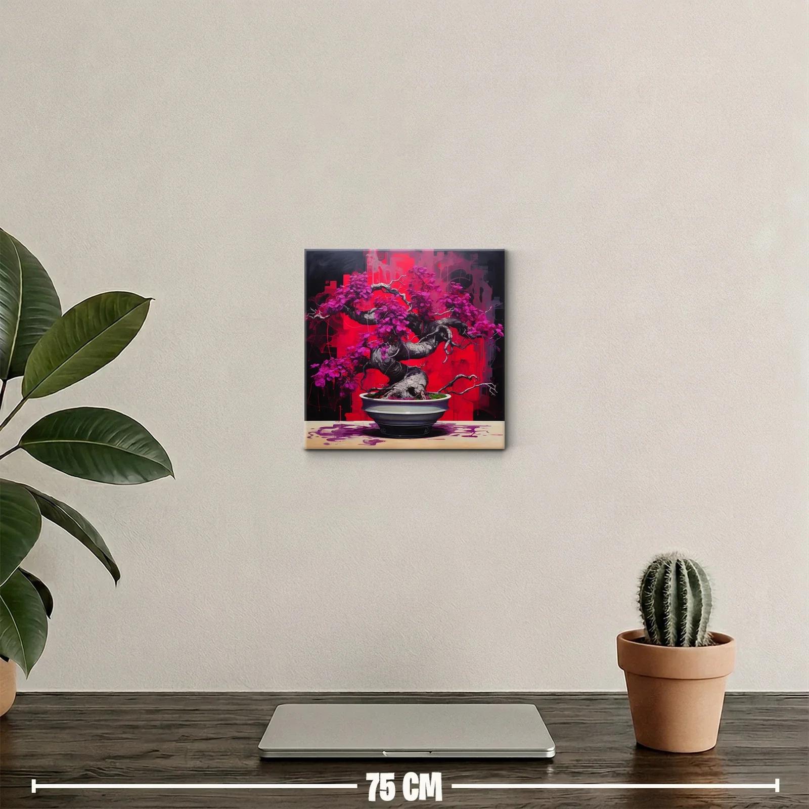 Bonsái vibrante con delicadas flores moradas sobre fondo rojo — miniatura 2