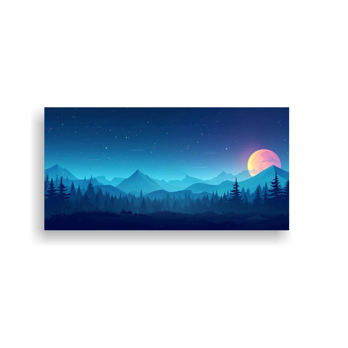 Cuadro paisaje de montaña al atardecer con astro brillante