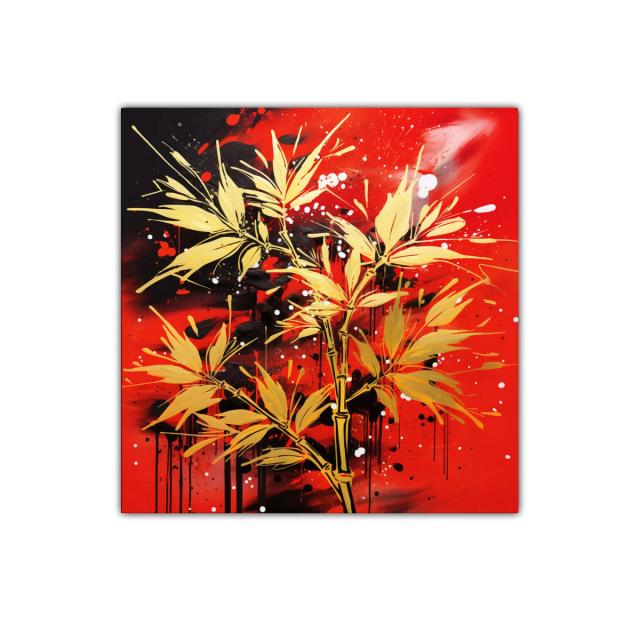 Cuadro decorativo con diseño floral dorado sobre fondo rojo vibrante