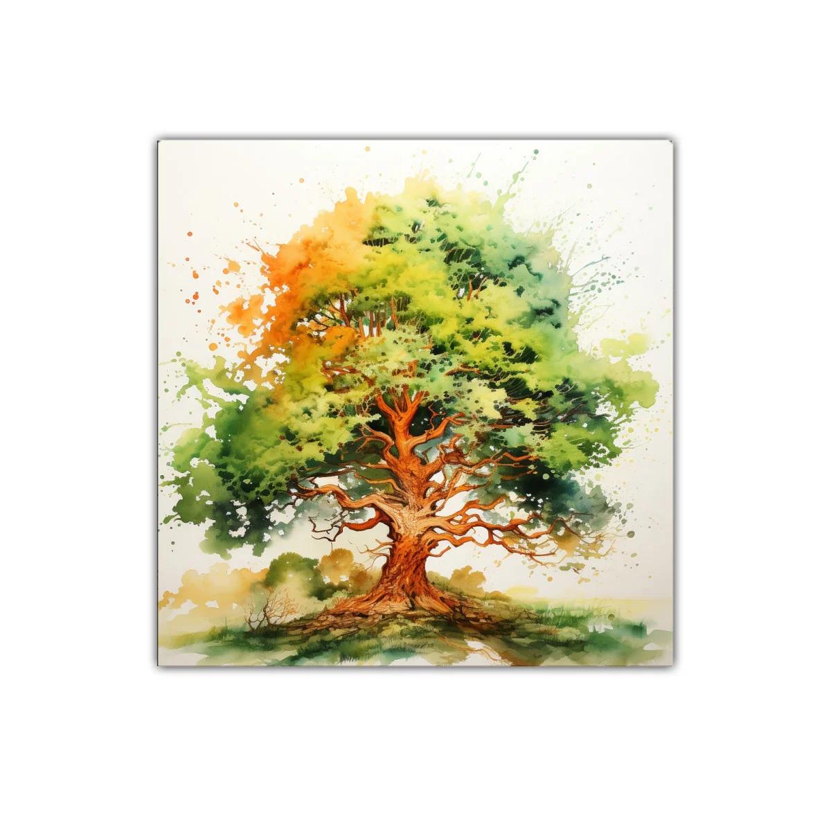 Árbol vibrante con follaje en tonos verdes y naranjas