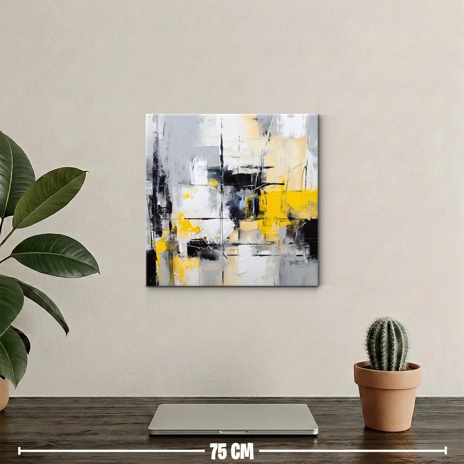 Cuadro abstracto con tonos grises, negros y amarillo vibrante — miniatura 2