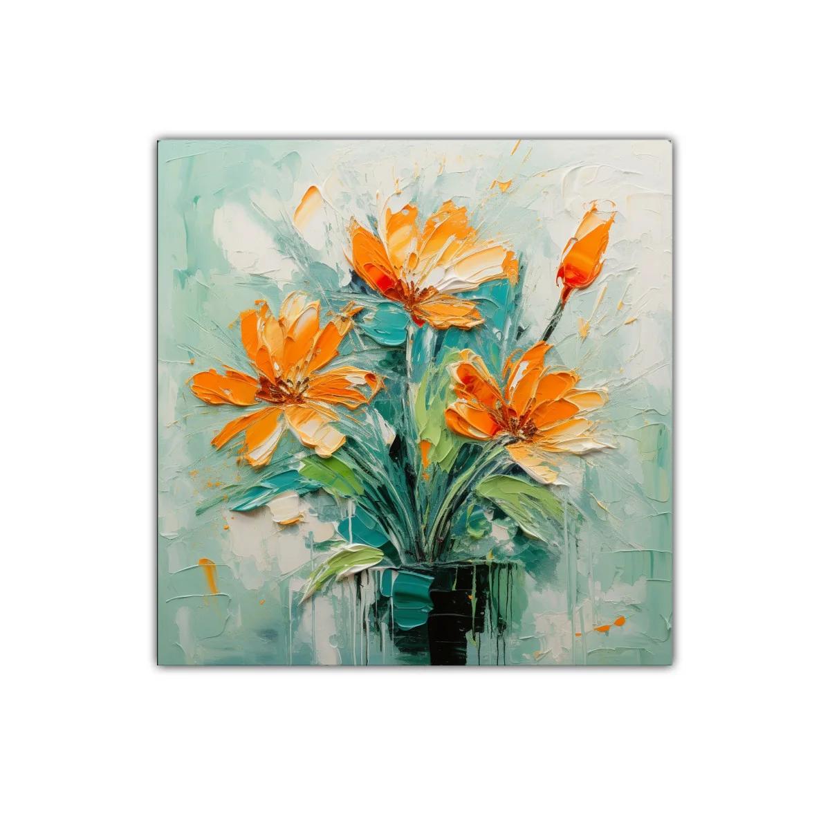 Cuadro floral vibrante con tonos naranjas y verdes — imagen principal