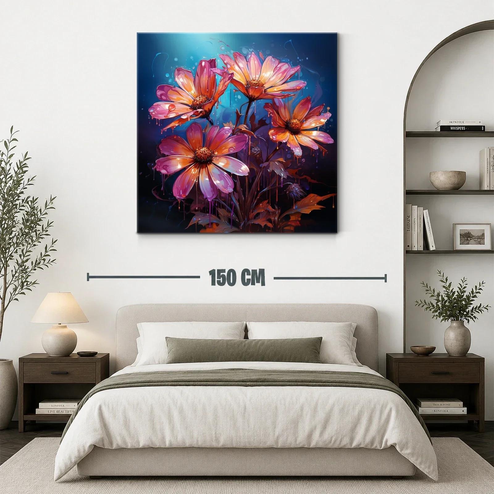 Cuadro floral vibrante con tonos cálidos y fondo azul oscuro — miniatura 3