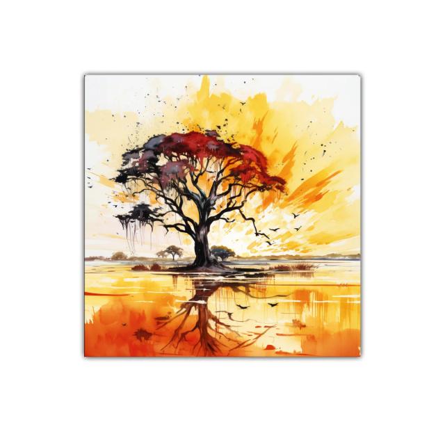 Árbol en atardecer vibrante con reflejos cálidos y elegantes