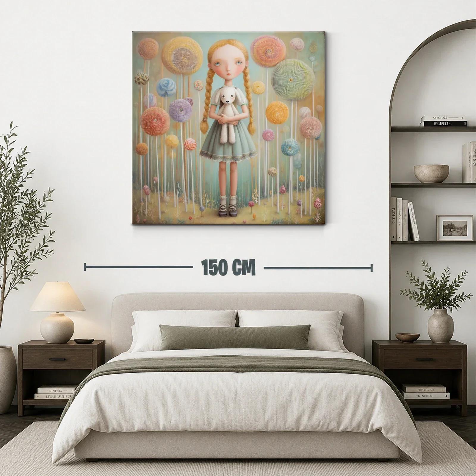 Niña de trenzas entre dulces gigantes y suaves tonos pastel — miniatura 3