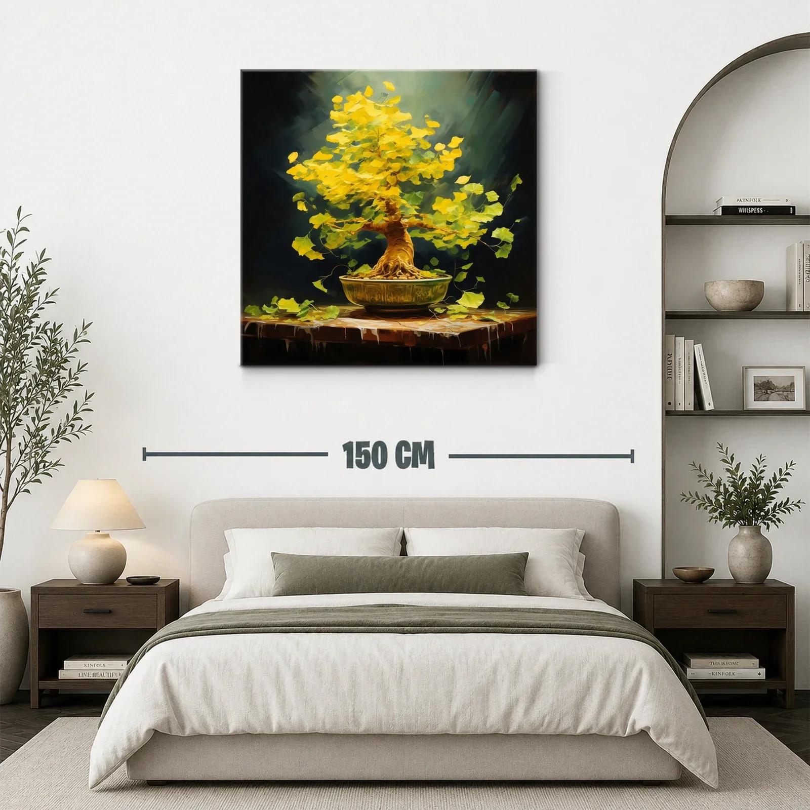 Árbol bonsái con hojas doradas vibrantes sobre mesa rústica — miniatura 3