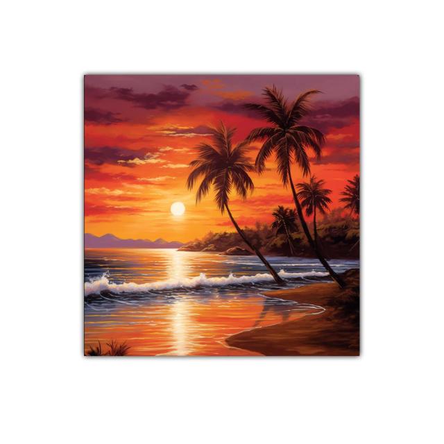 Atardecer tropical con palmeras en playa serena