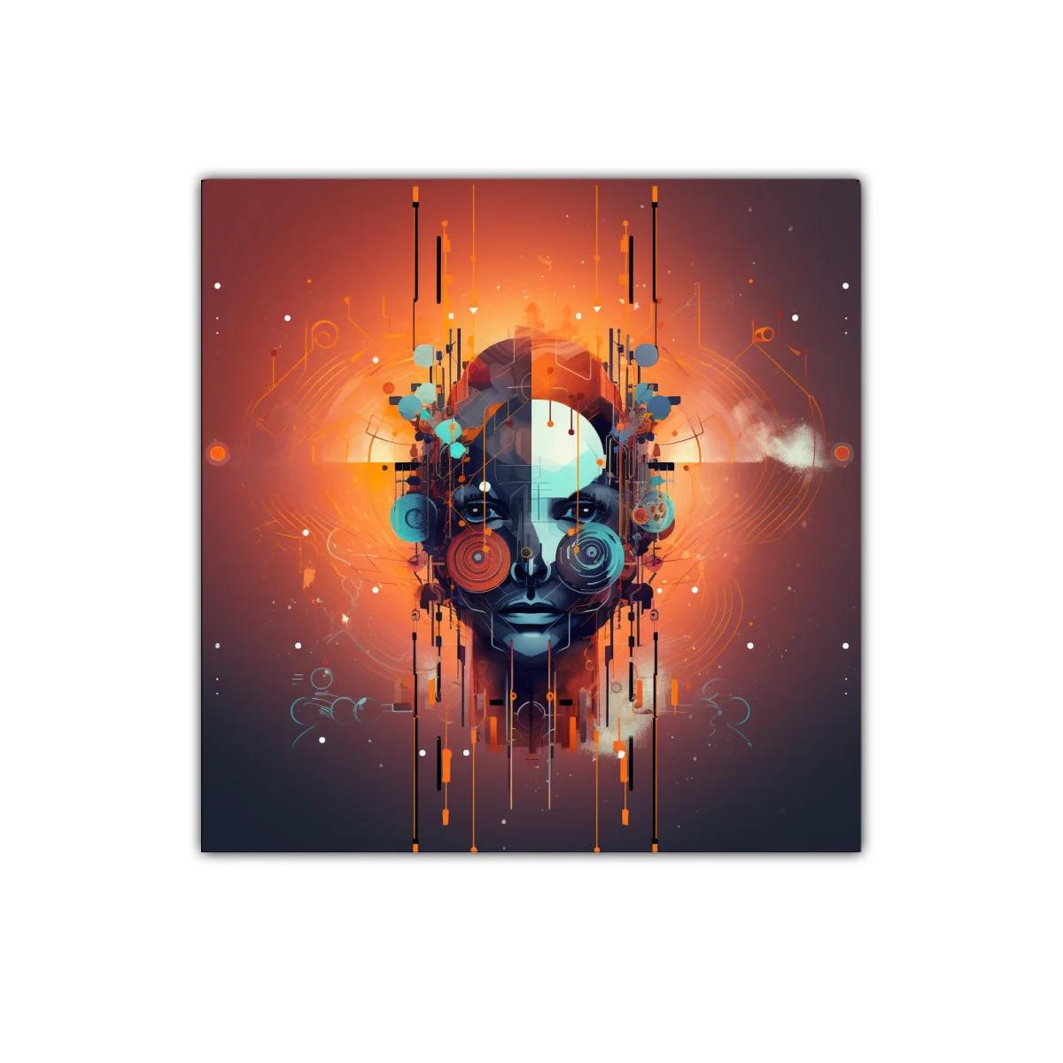 Rostro futurista con vibrantes tonalidades naranjas y azules