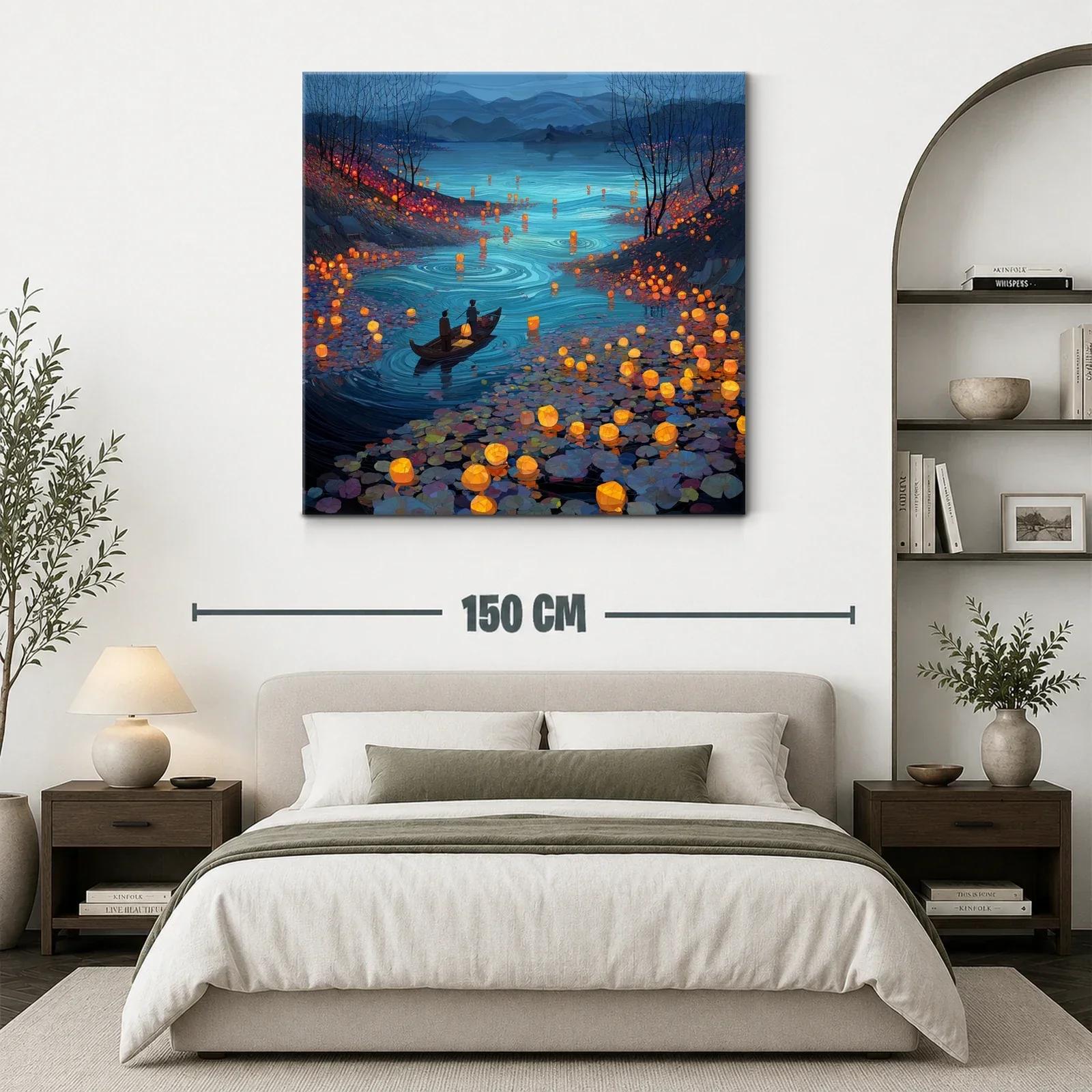 Río iluminado con faroles flotantes al atardecer — miniatura 3