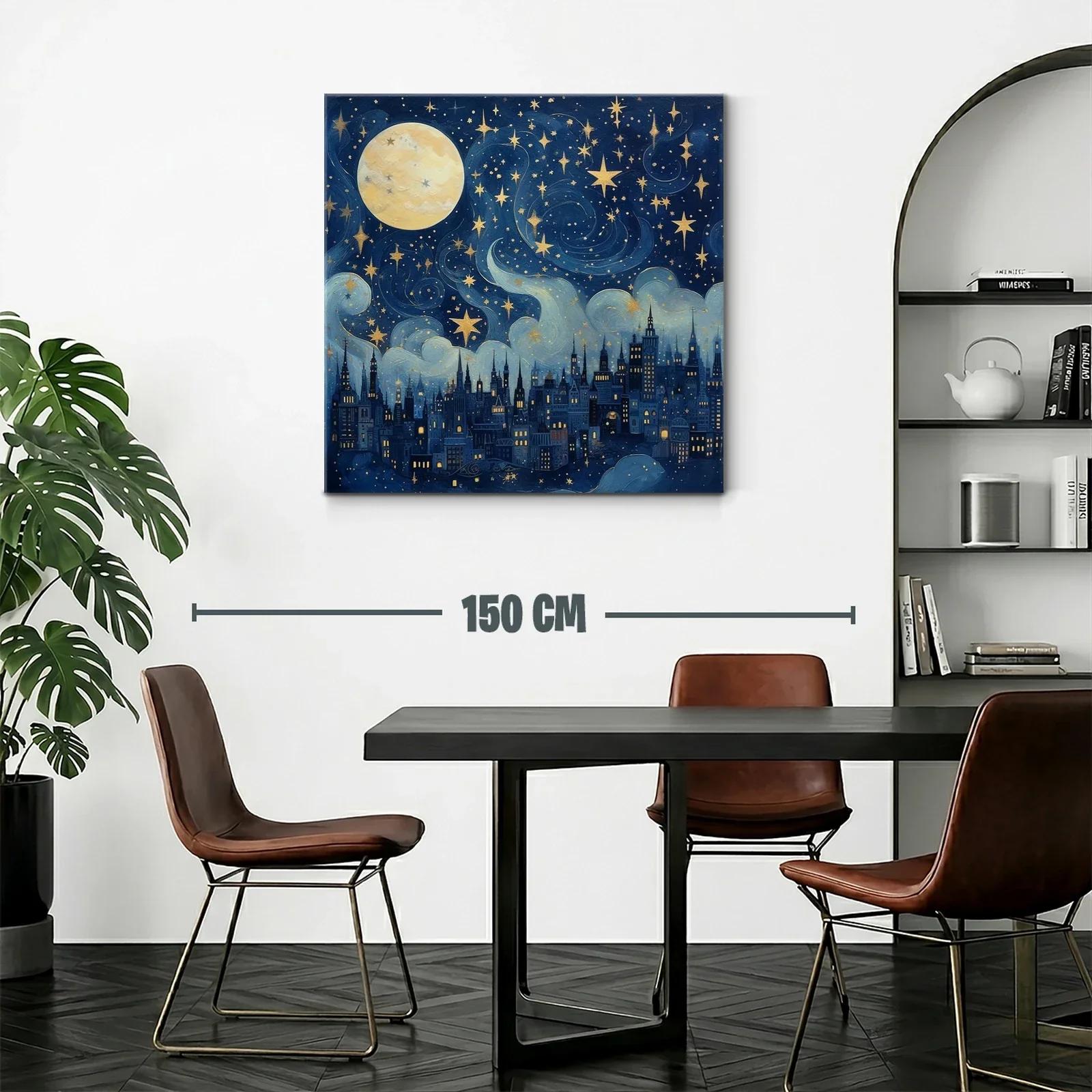 Ciudad nocturna bajo un cielo estrellado con luna llena — miniatura 2