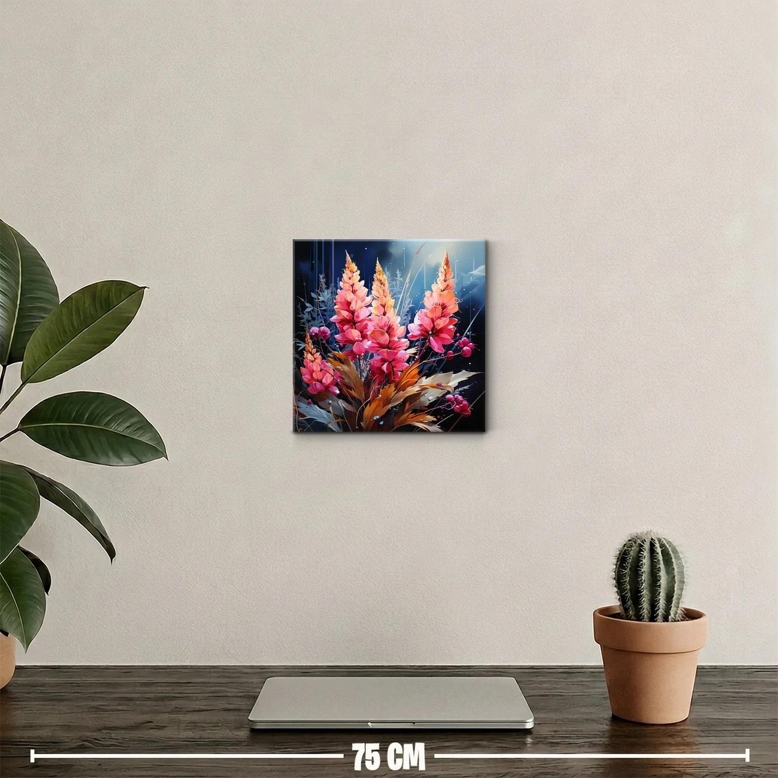 Cuadro floral vibrante con tonos cálidos y azul profundo — miniatura 2