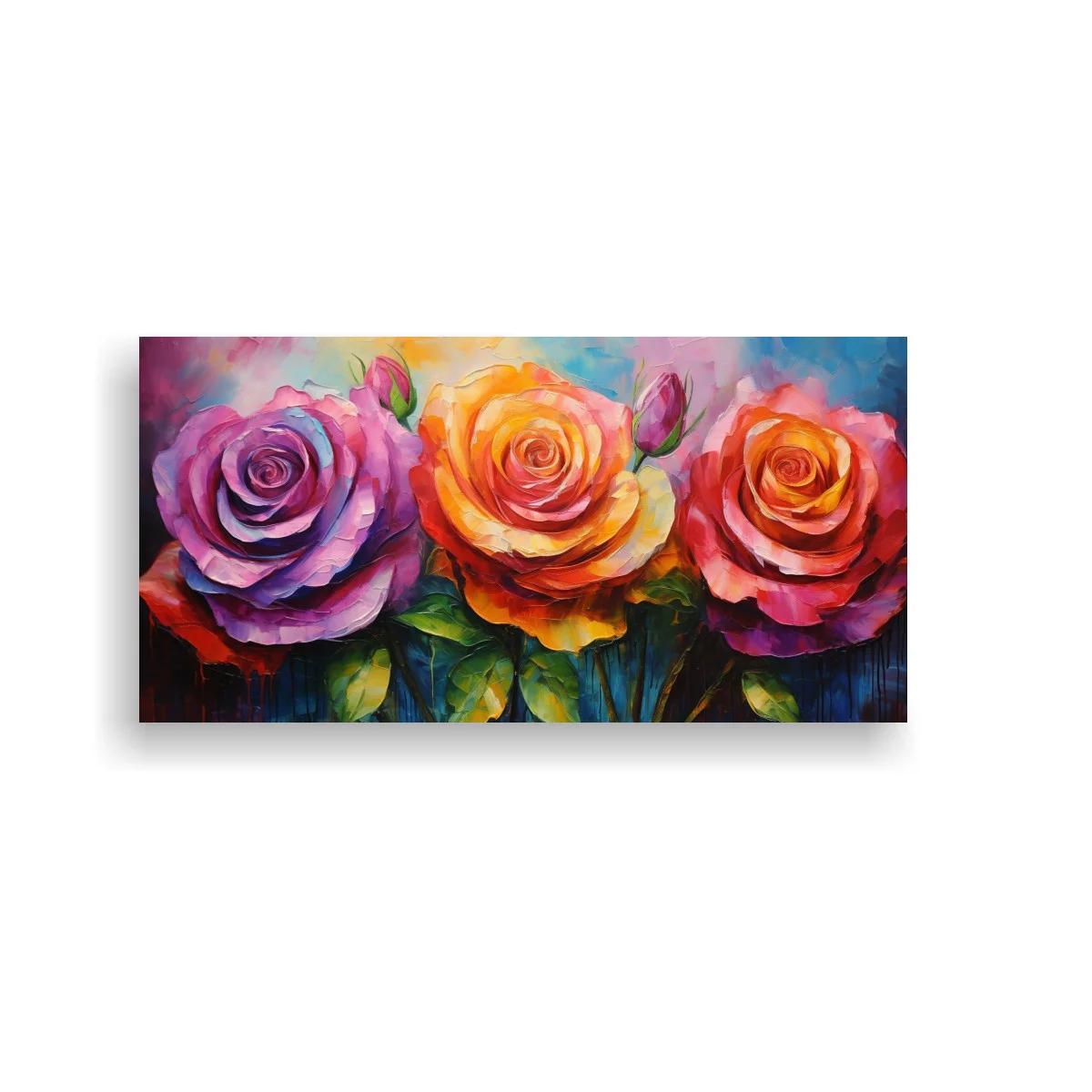 Cuadro tres rosas abiertas con capullos y fondo multicolor